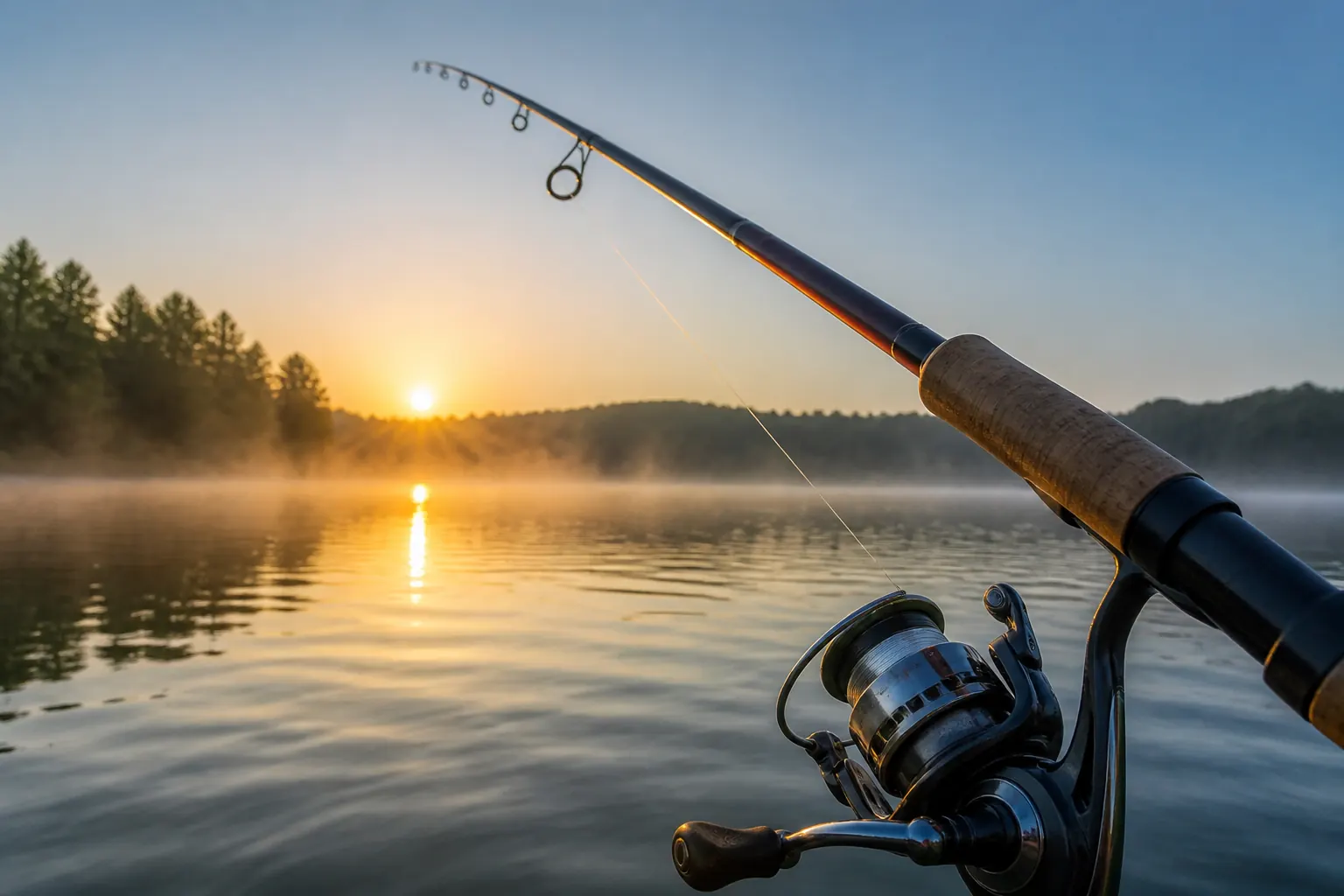 Fishing rod tip over a calm misty lake at sunrise