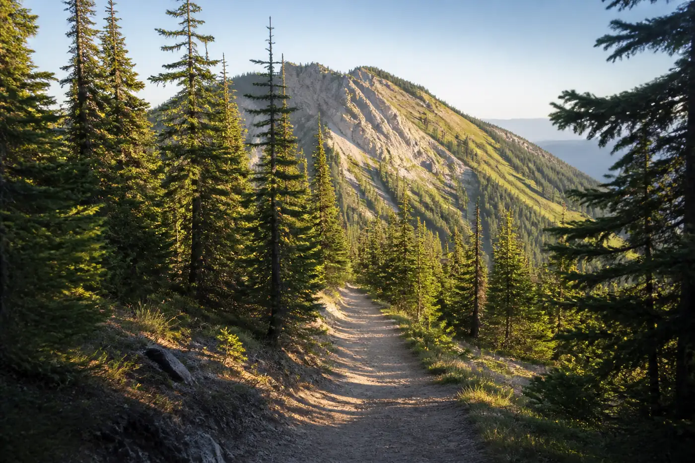 Sunlit hiking trail through evergreen forest toward a ridge