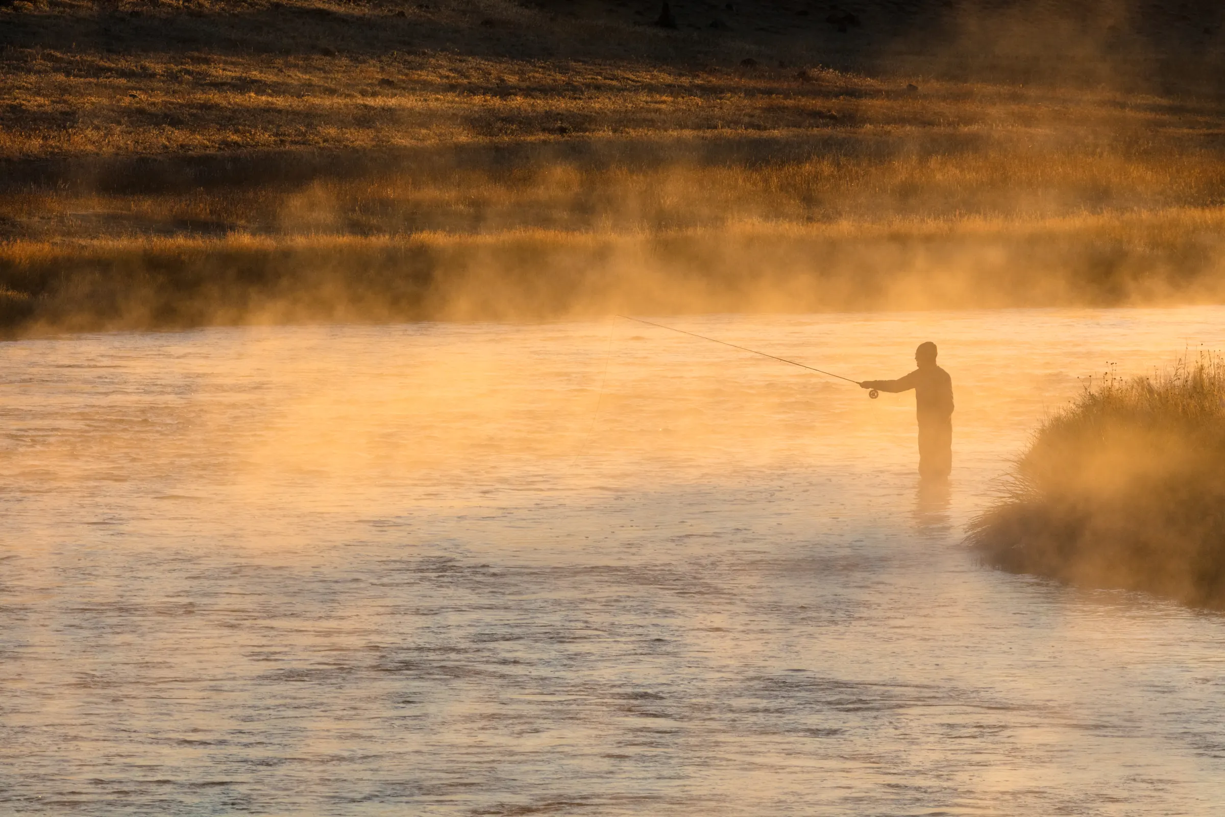 Angler fly fishing a misty river at golden sunrise in Yellowstone